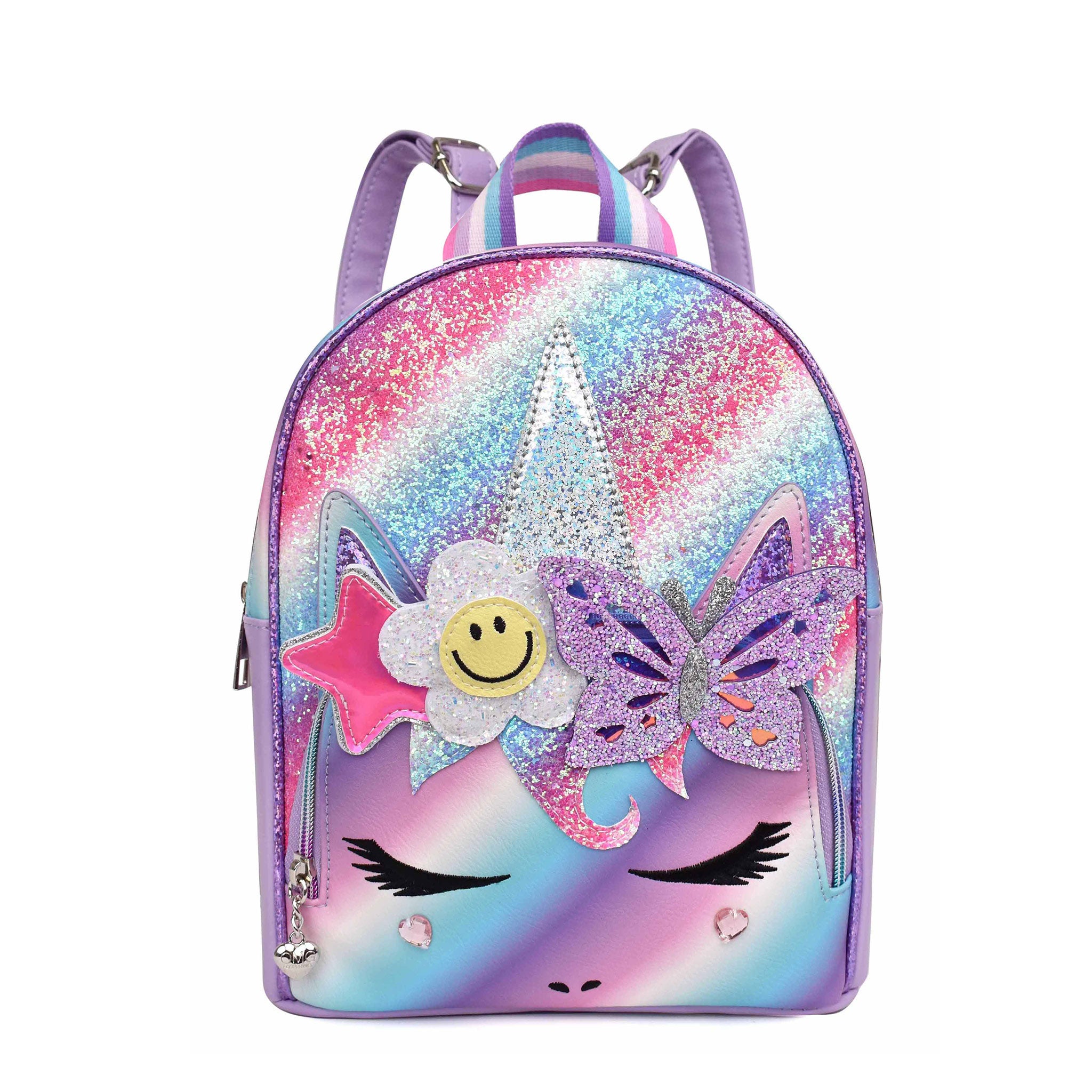 Front view of glitter striped unicorn face mini backpack with daisy, star, and butterfly appliques. 