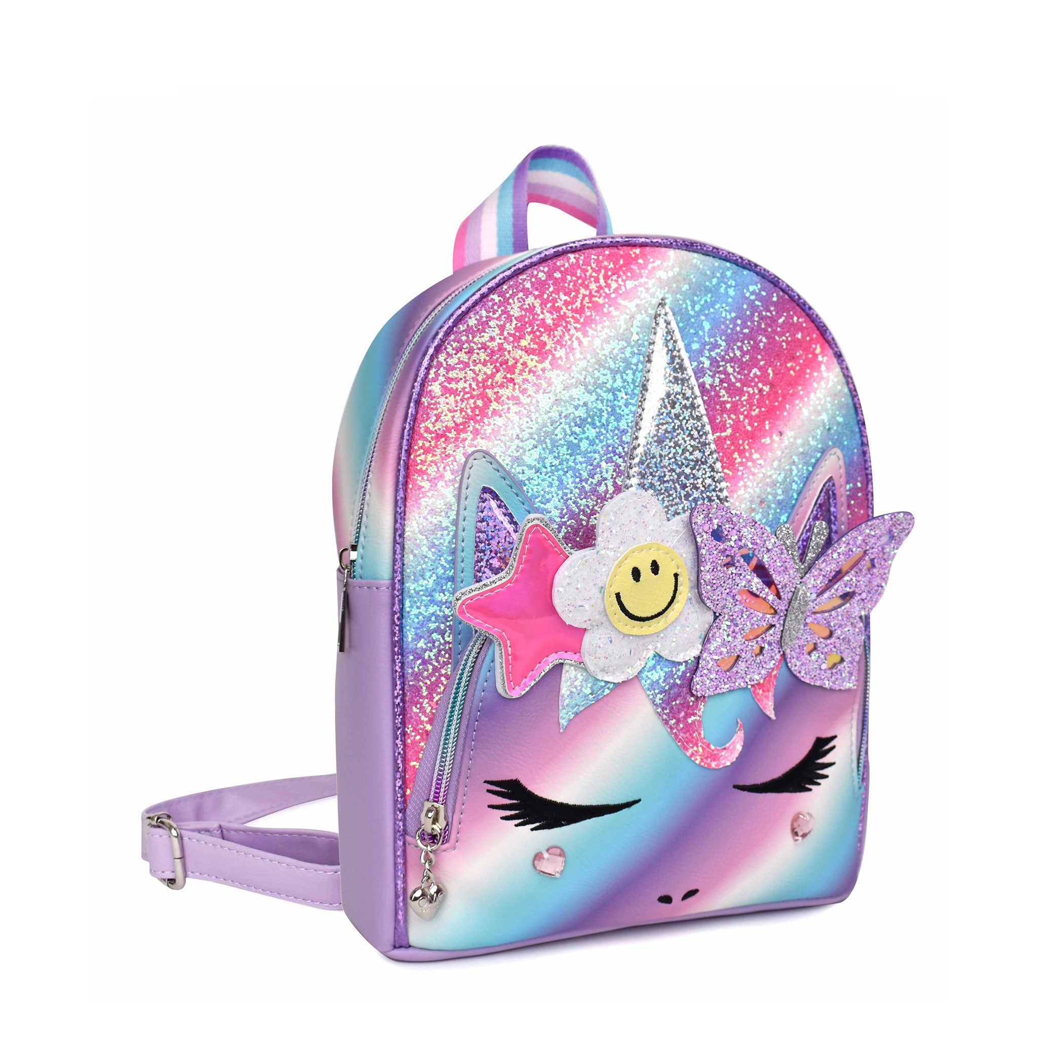 Side view of glitter striped unicorn face mini backpack with daisy, star, and butterfly appliques.