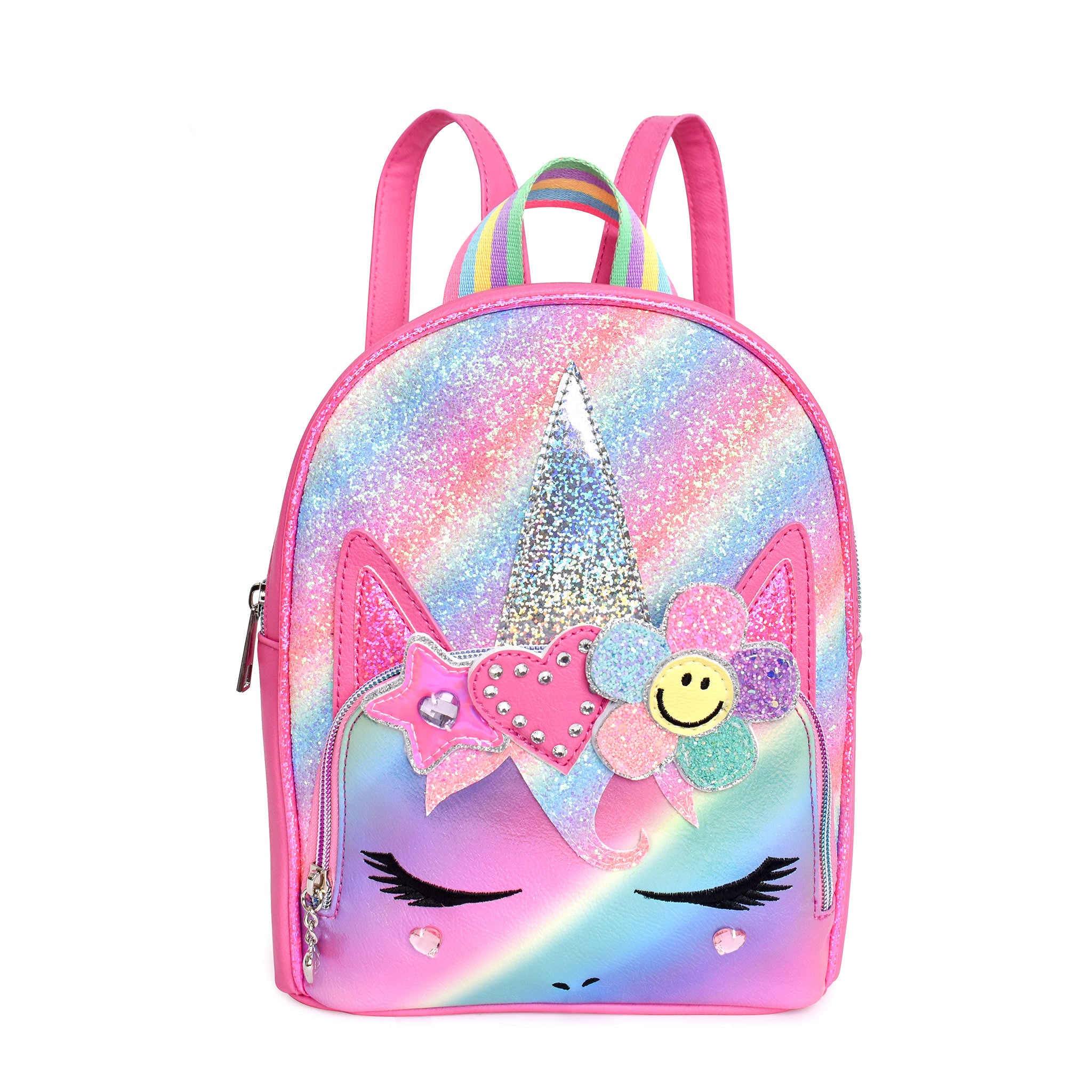 Front view of glitter bright ombre unicorn mini backpack with daisy-heart crown