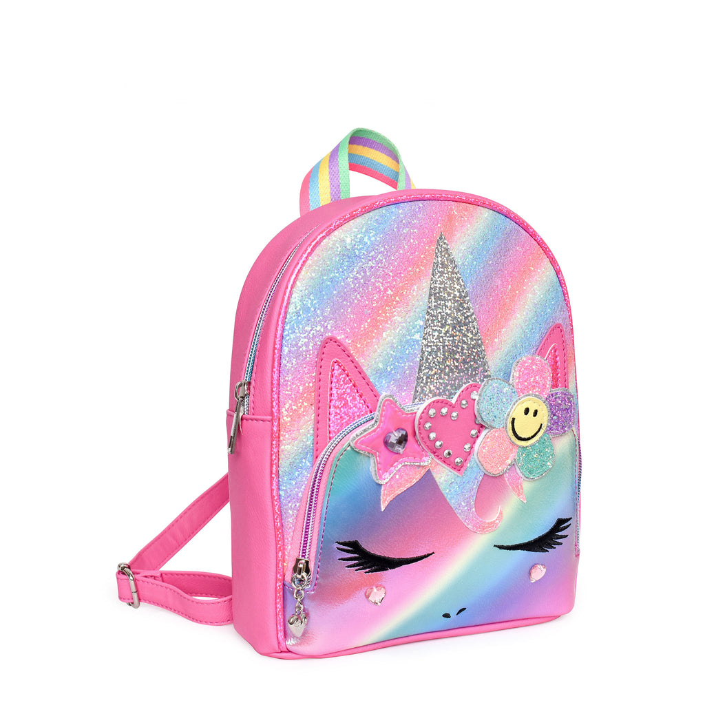Side view of glitter bright ombre unicorn mini backpack with daisy-heart crown