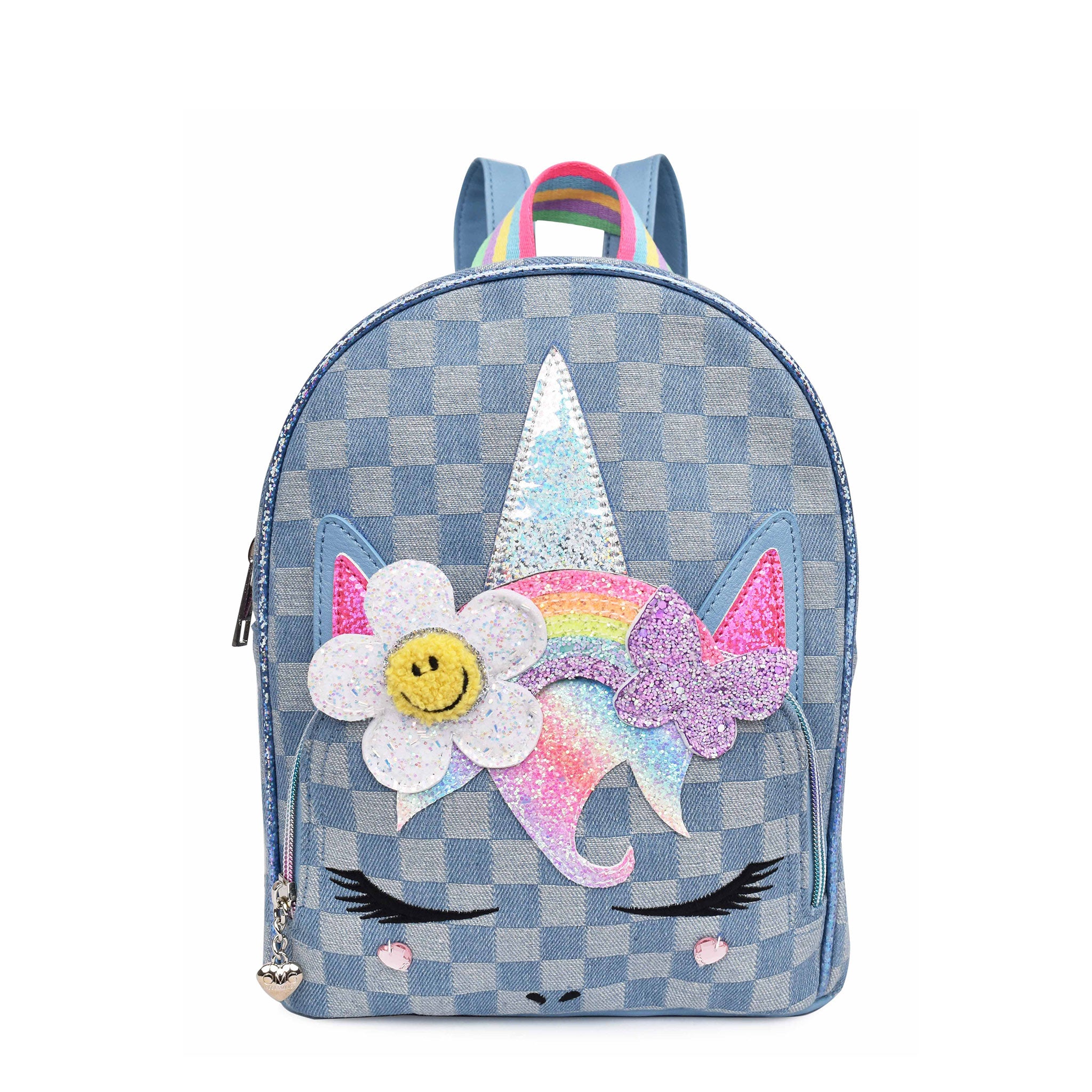 Front view of denim checkered unicorn mini backpack with daisy-rainbow crown