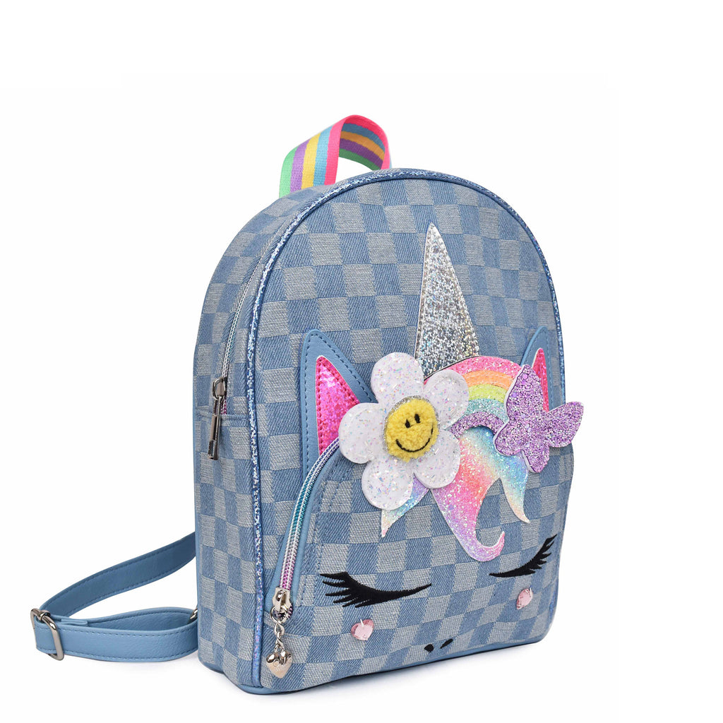 Side view of denim checkered unicorn mini backpack with daisy-rainbow crown