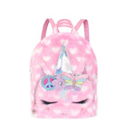 Front view of a plush heart printed unicorn face mini backpack with a peace sign and butterfly crown appliqué 