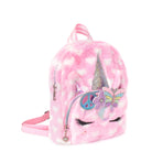 Side view of a plush heart printed unicorn face mini backpack with a peace sign and butterfly crown appliqué