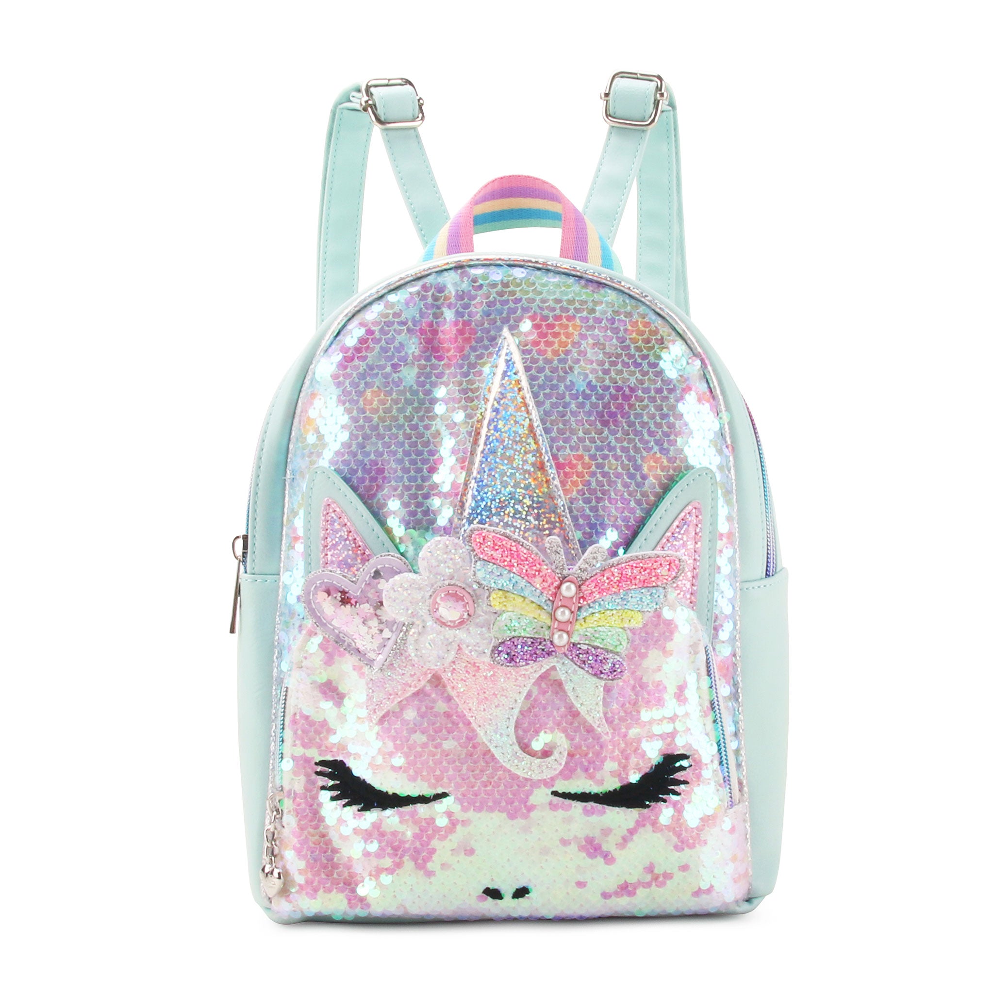 Front view of an aqua unicorn mini back backpack filled with sequins