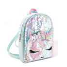 Side view of an aqua unicorn mini back backpack filled with sequins