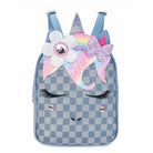 Front view of a denim checkerboard print mini backpack with a unicorn face and a glitter daisy rainbow crown