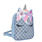 Side view of a denim checkerboard print mini backpack with a unicorn face and a glitter daisy rainbow crown