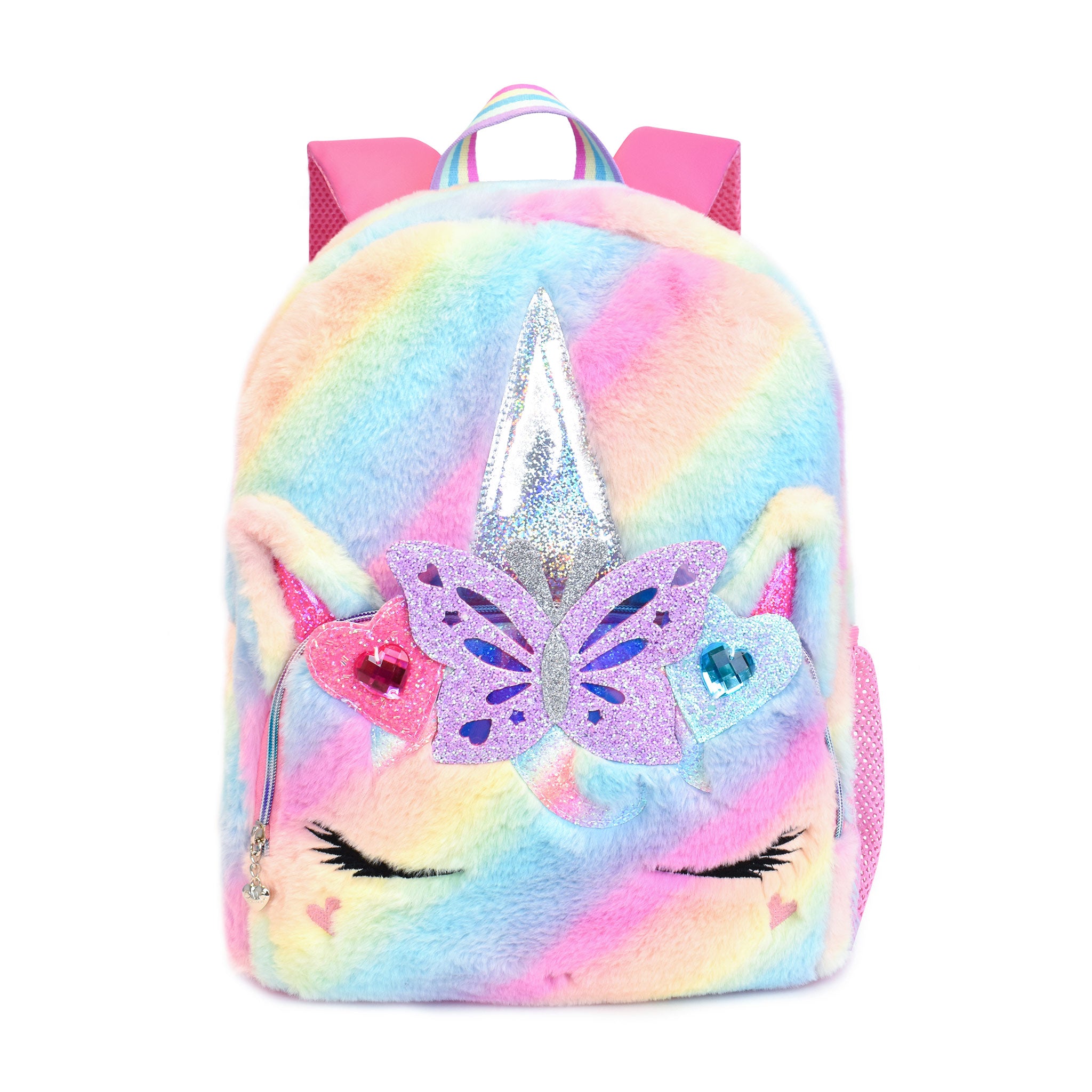Front view of a rainbow ombre plush unicorn face large backpack with a glitter butterfly crown