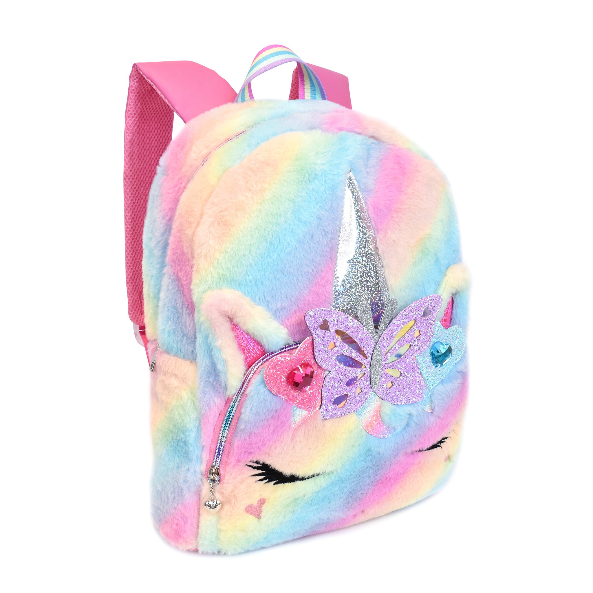 Side view of a rainbow ombre plush unicorn face large backpack with a glitter butterfly crown