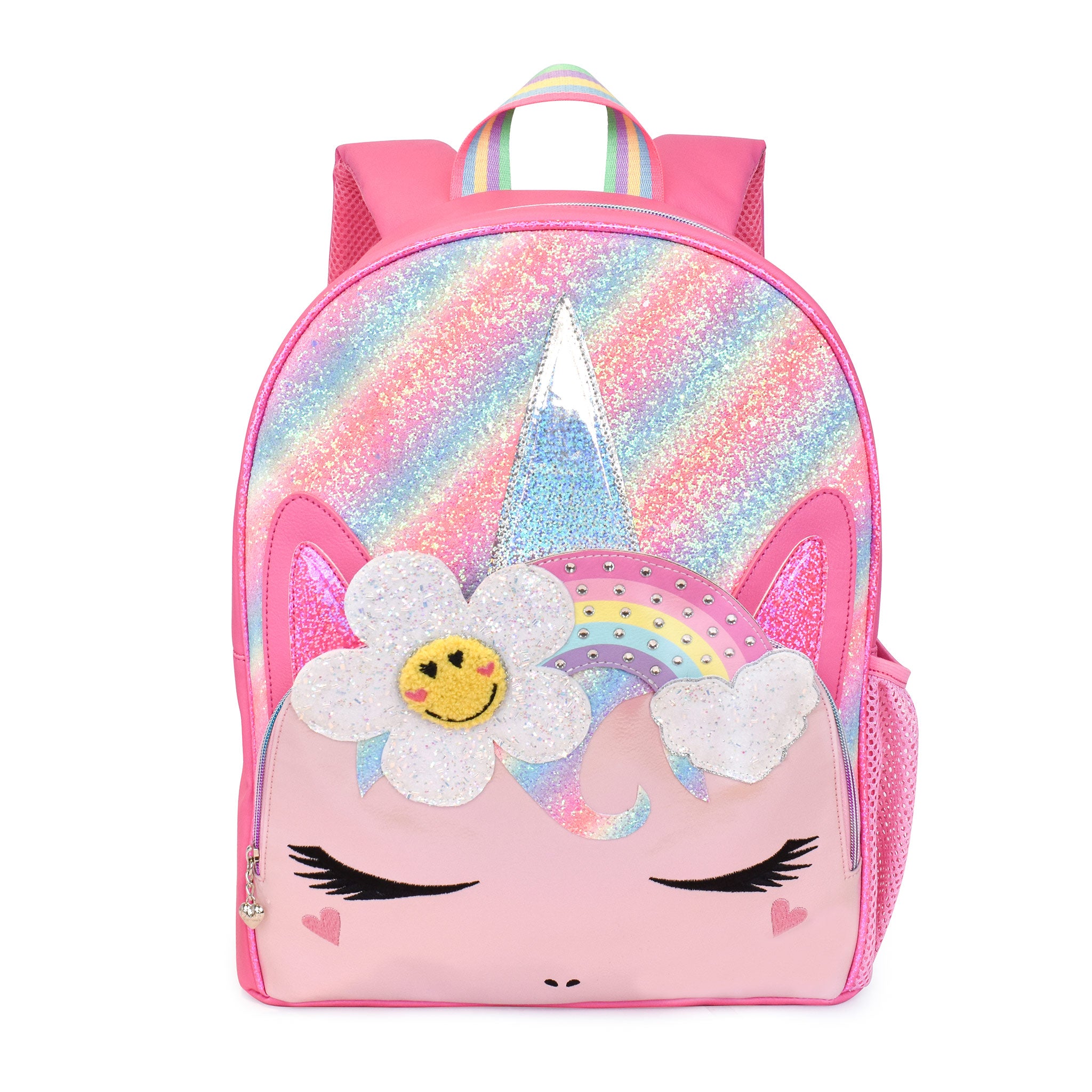 Front view of a unicorn face ombre glitter large backpack with a glitter daisy rainbow applique 
