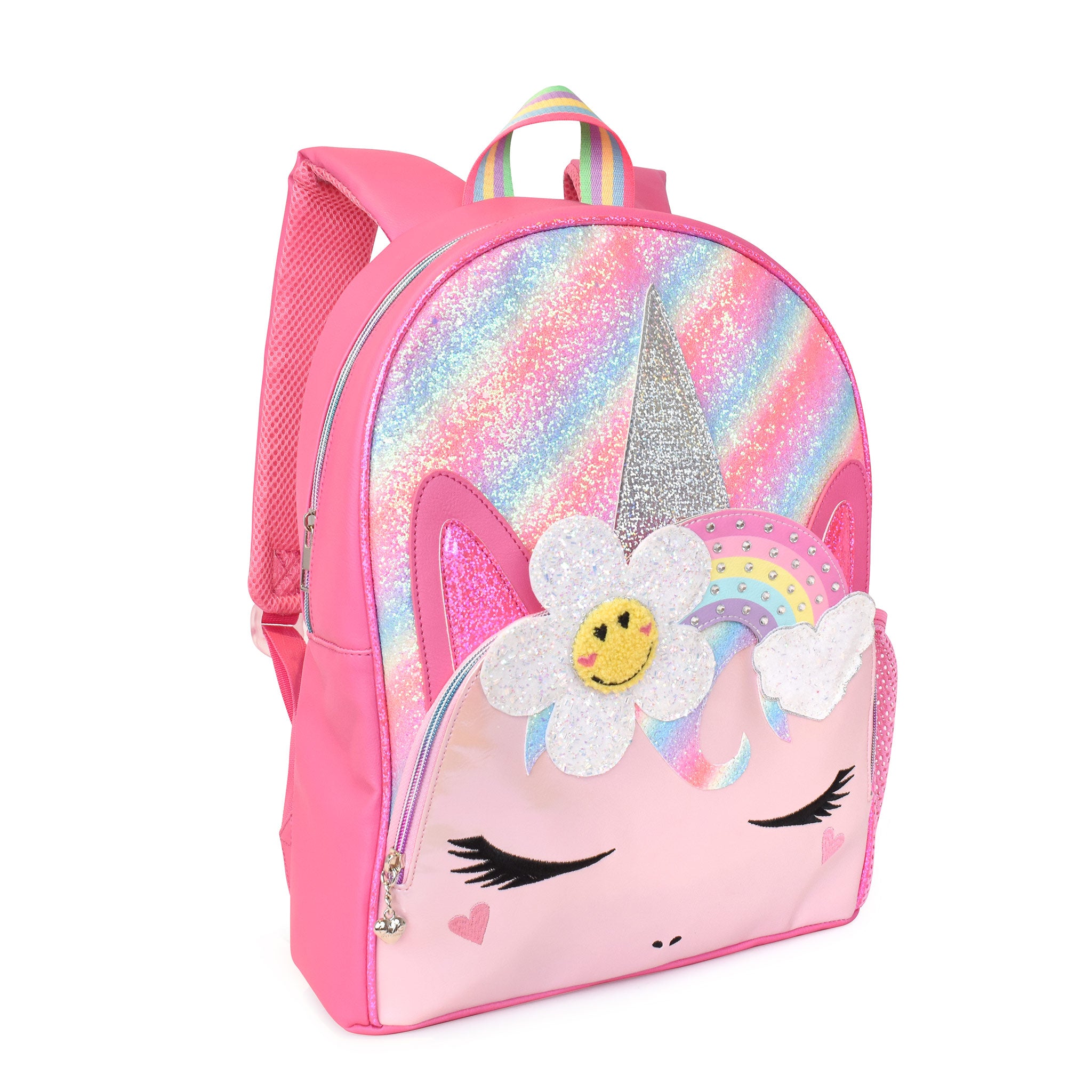 Side view of a unicorn face ombre glitter large backpack with a glitter daisy rainbow applique