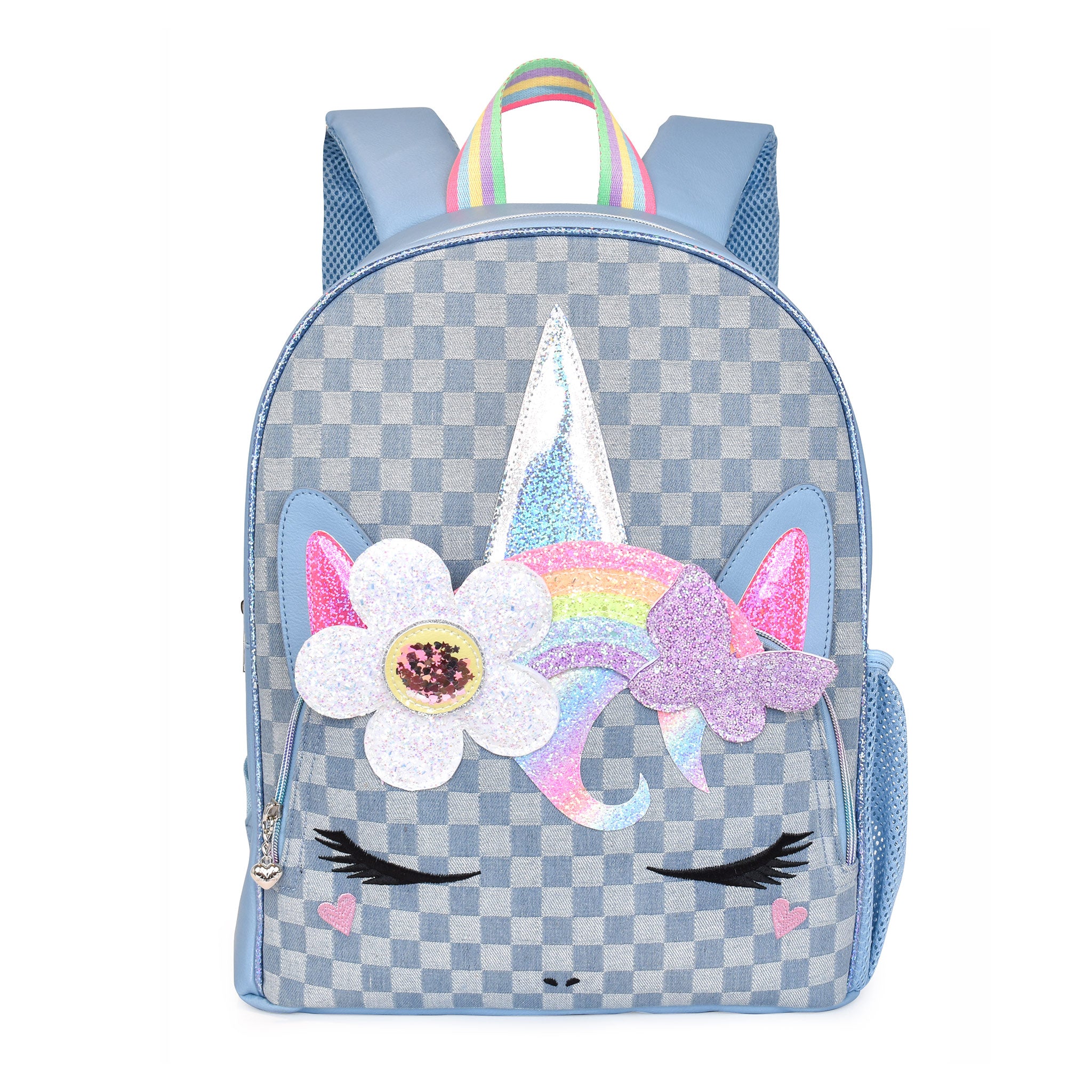 Front view of a unicorn face large checkerboard denim backpack