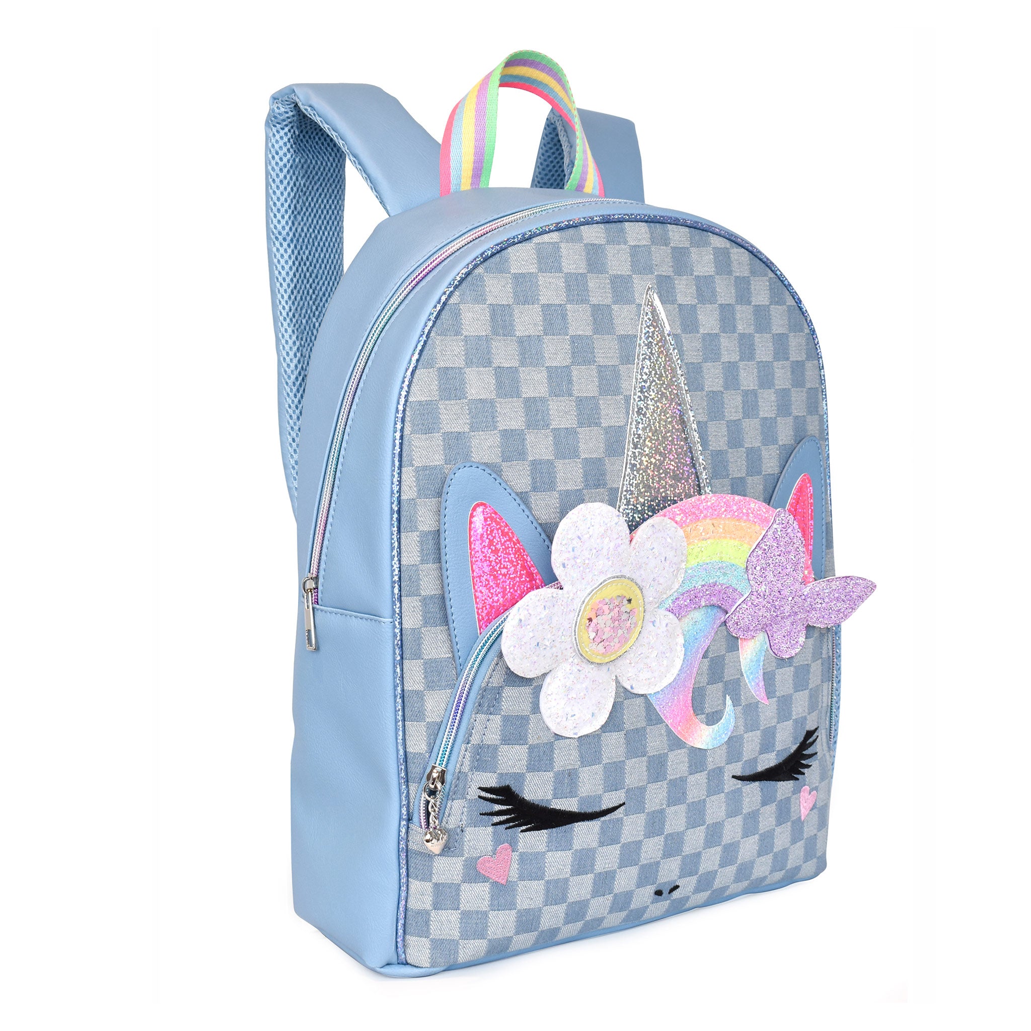 Side view of a view of a unicorn face large checkerboard denim backpack