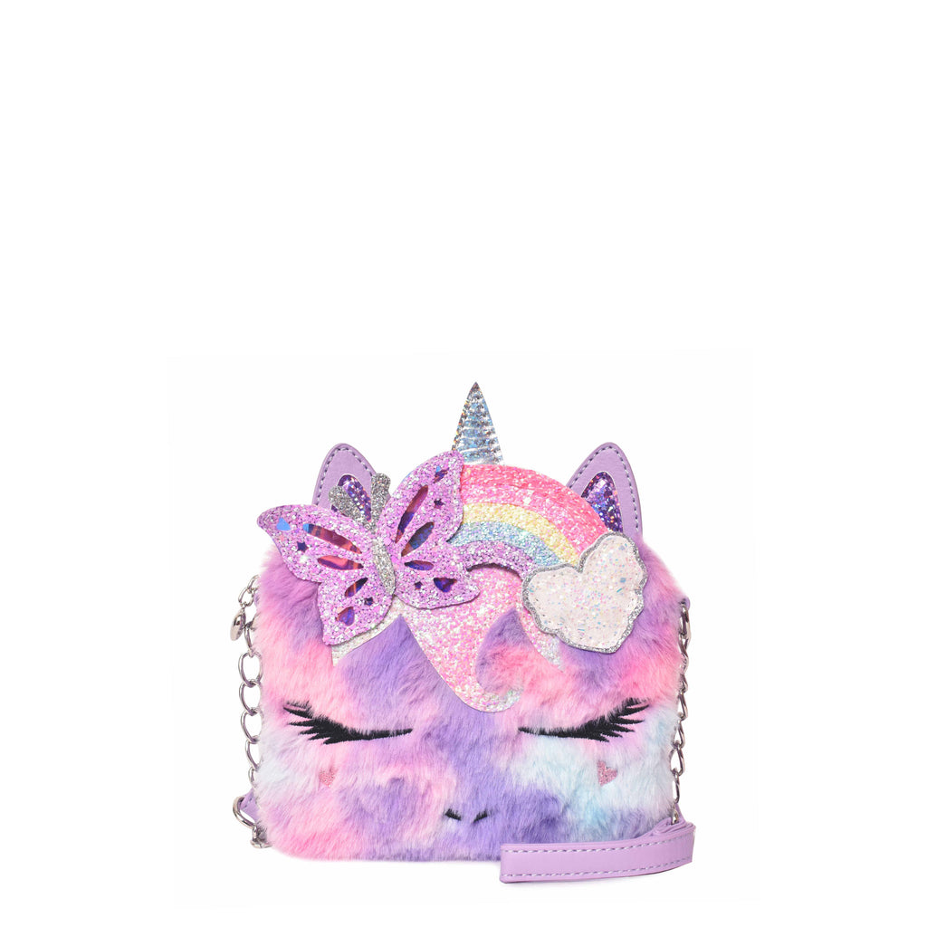 Front view of a purple tie dye print plush unicorn face crossbody with butterfly rainbow crown