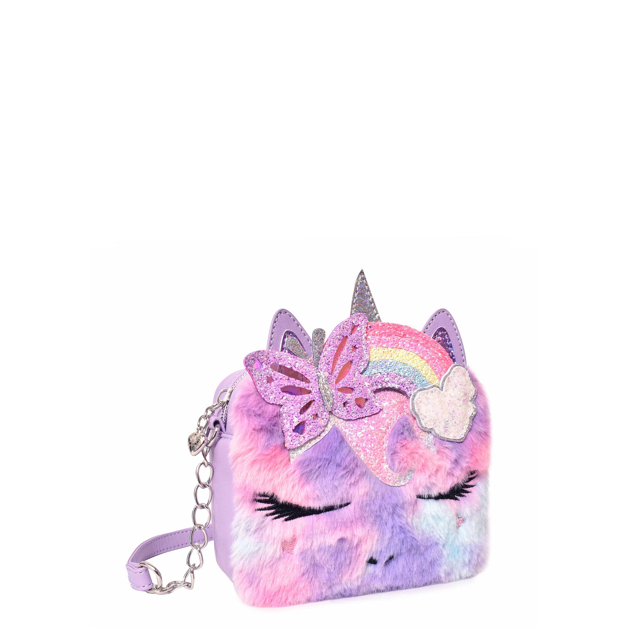 Side view of a purple tie dye print plush unicorn face crossbody with butterfly rainbow crown