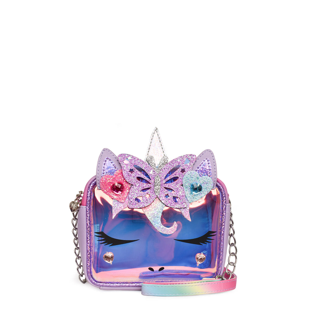 Front view of clear glazed unicorn crossbody with heart and butterfly glitter appliqués 