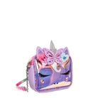 Side view of clear glazed unicorn crossbody with heart and butterfly glitter appliqués