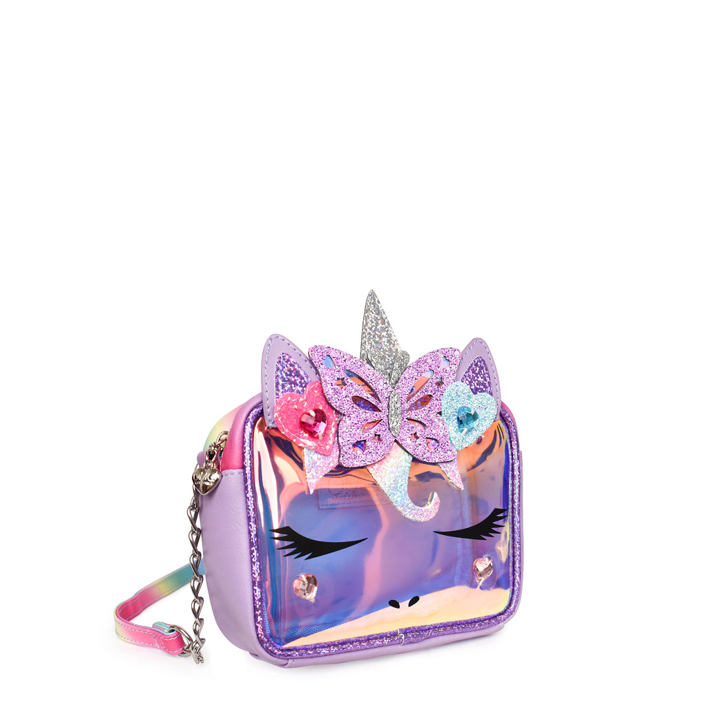 Side view of clear glazed unicorn crossbody with heart and butterfly glitter appliqués