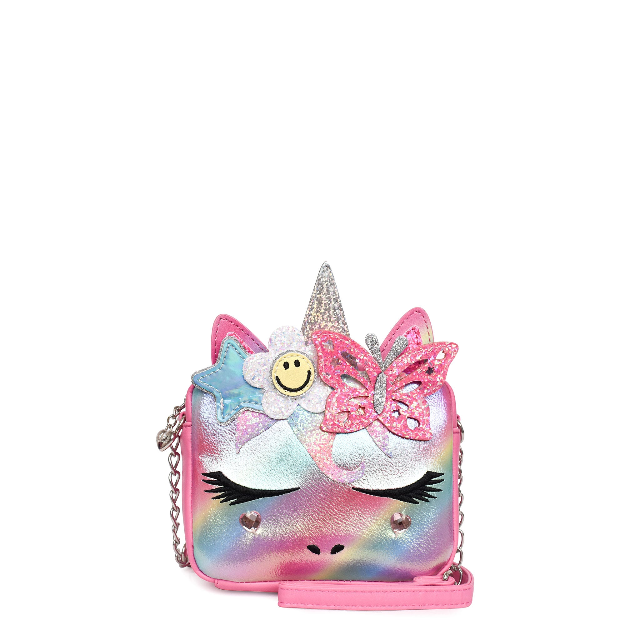 Front view of unicorn face metallic ombre crossbody with daisy, star and butterfly patches