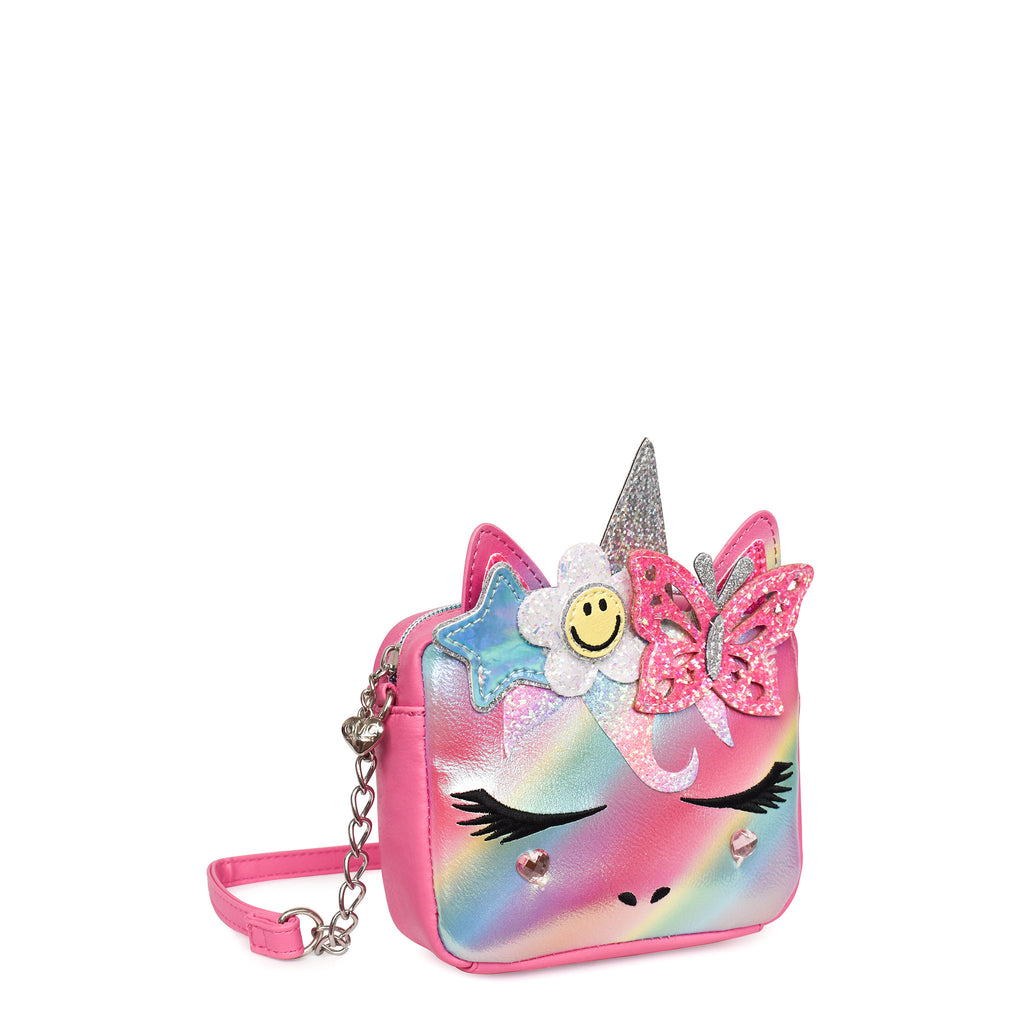 Side view of unicorn face metallic ombre crossbody with daisy, star and butterfly patches
