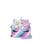 Front view of an ombre striped unicorn crossbody with a rainbow, daisy, and butterfly crown