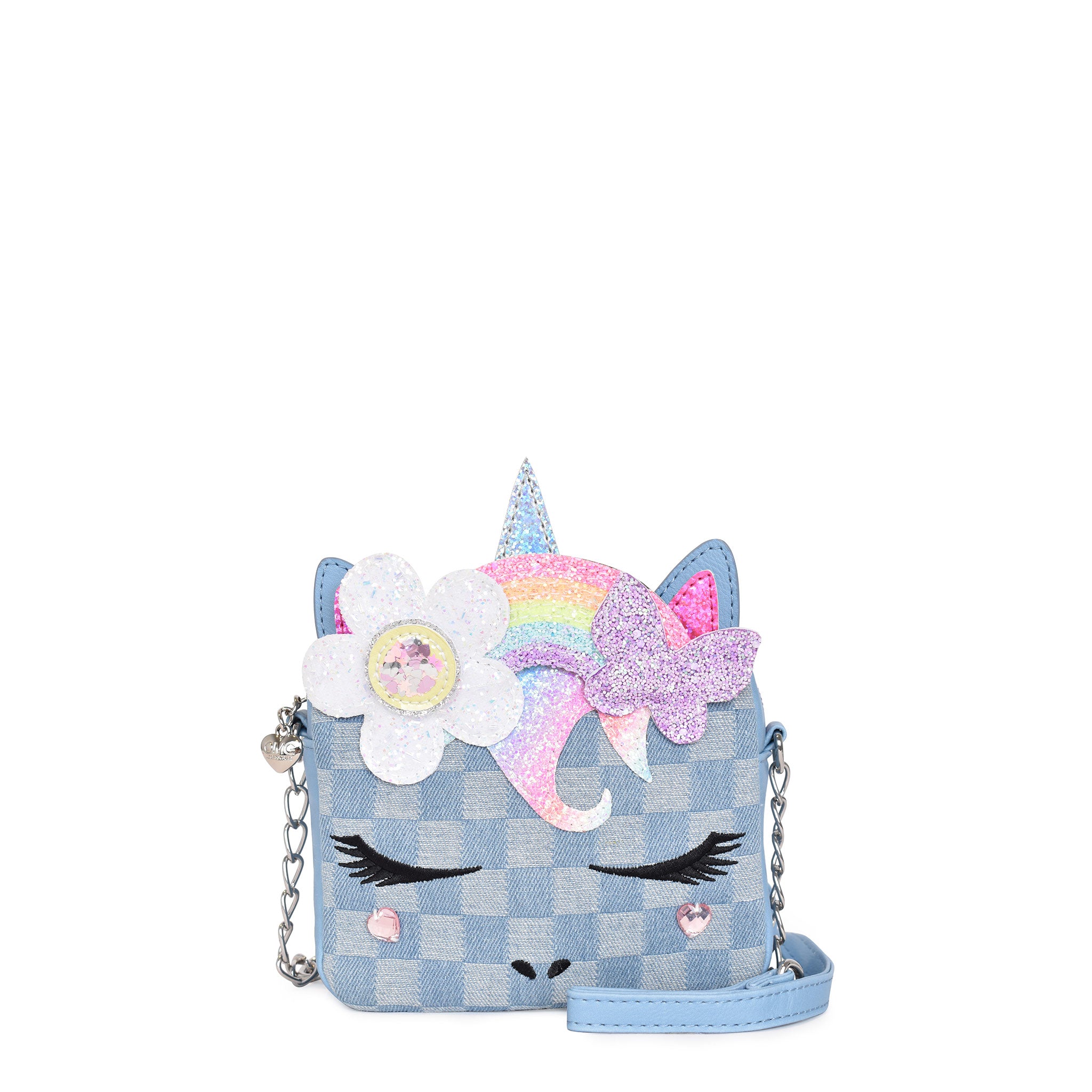 Front view of a denim checkerboard print unicorn face crossbody with a glitter daisy rainbow crown.