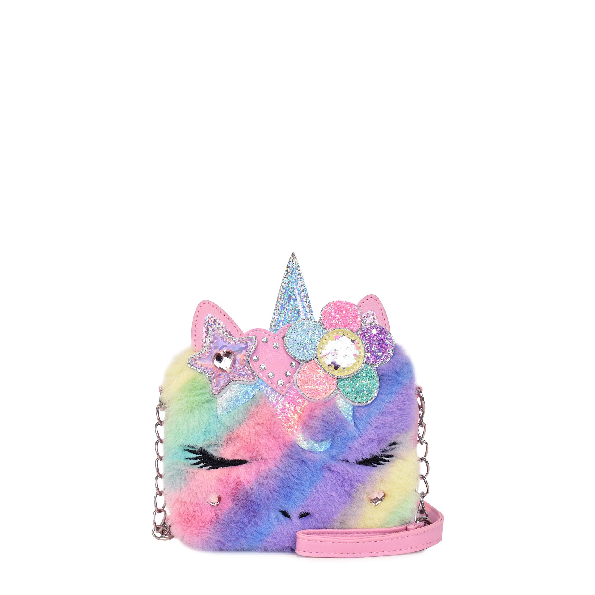 Front view of a rainbow plush unicorn face crossbody with a glitter daisy crown