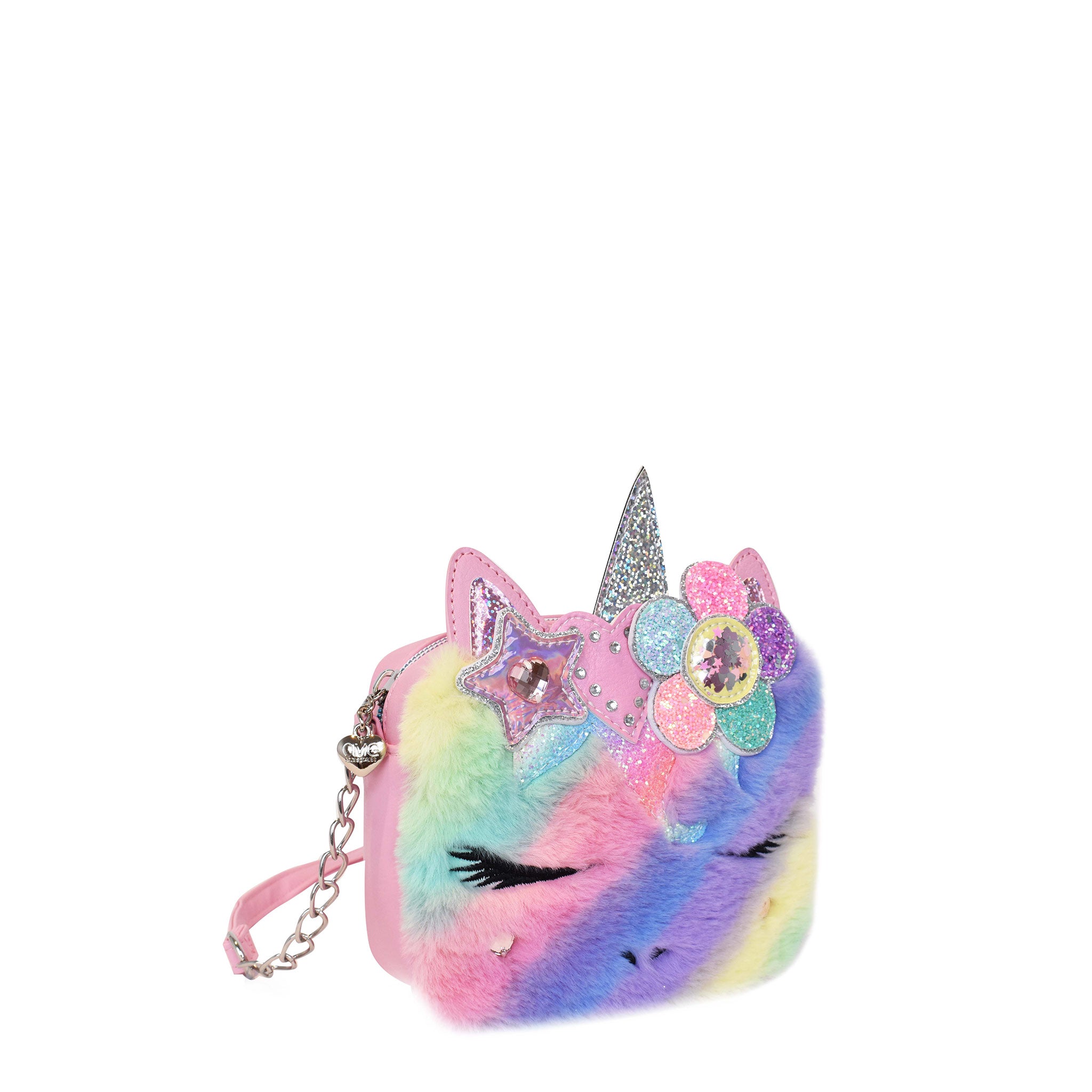 Side  view of a rainbow plush unicorn face crossbody with a glitter daisy crown