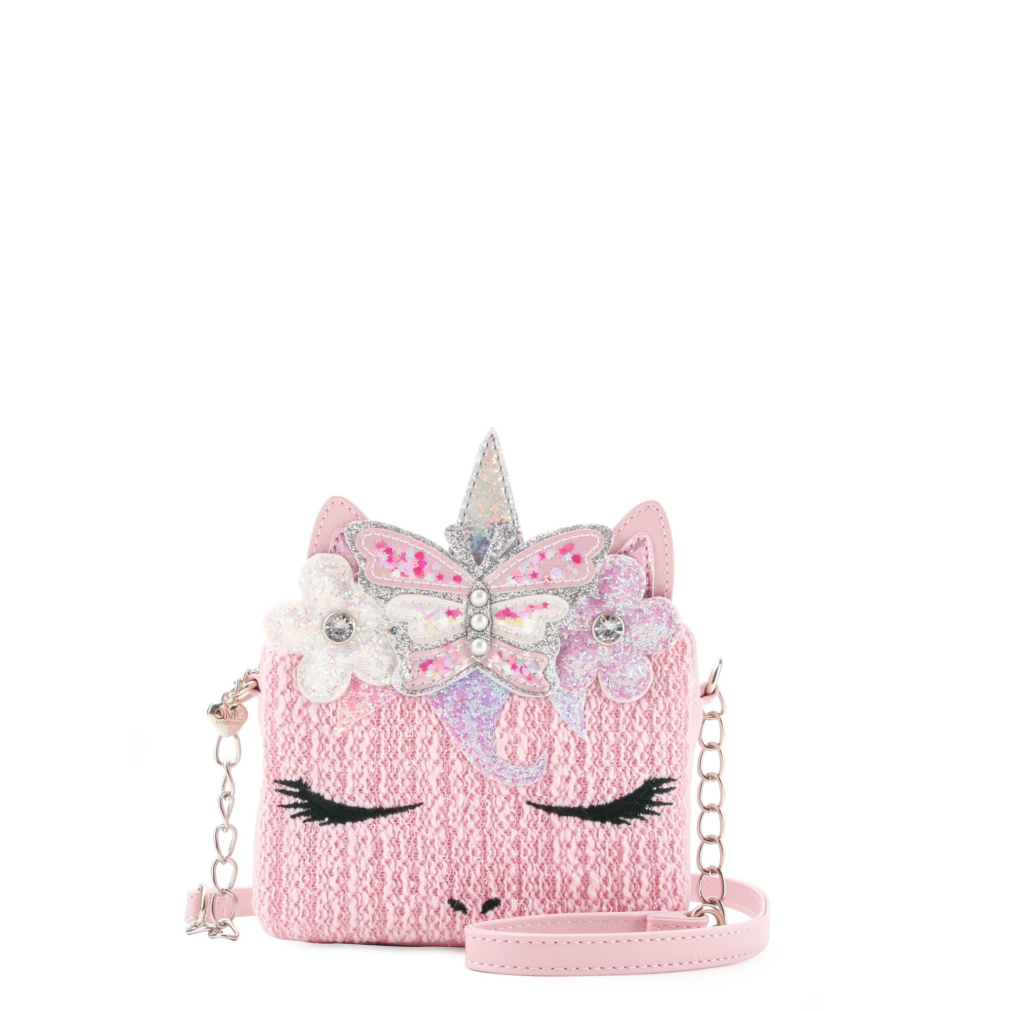 front view of a pink tweed unicorn crossbody bag with a confetti filled butterfly & flower crown appliqué 