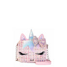 Front view of a tween unicorn face crossbody bag with a sequin puff bow