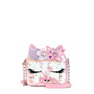 front view of a sequin covered unicorn face crossbody bag with glitter butterfly patches 