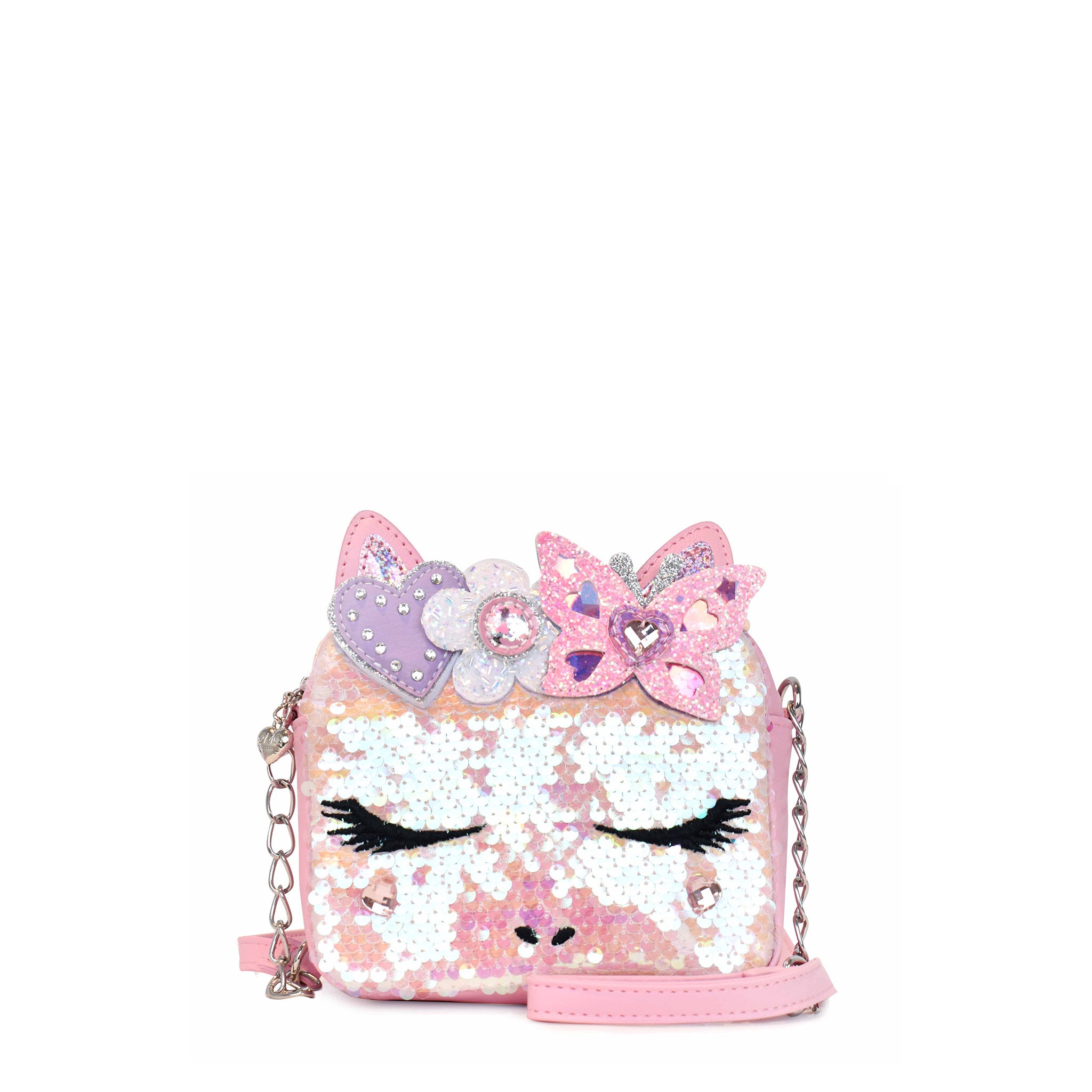 front view of a sequin covered unicorn face crossbody bag with glitter butterfly patches 