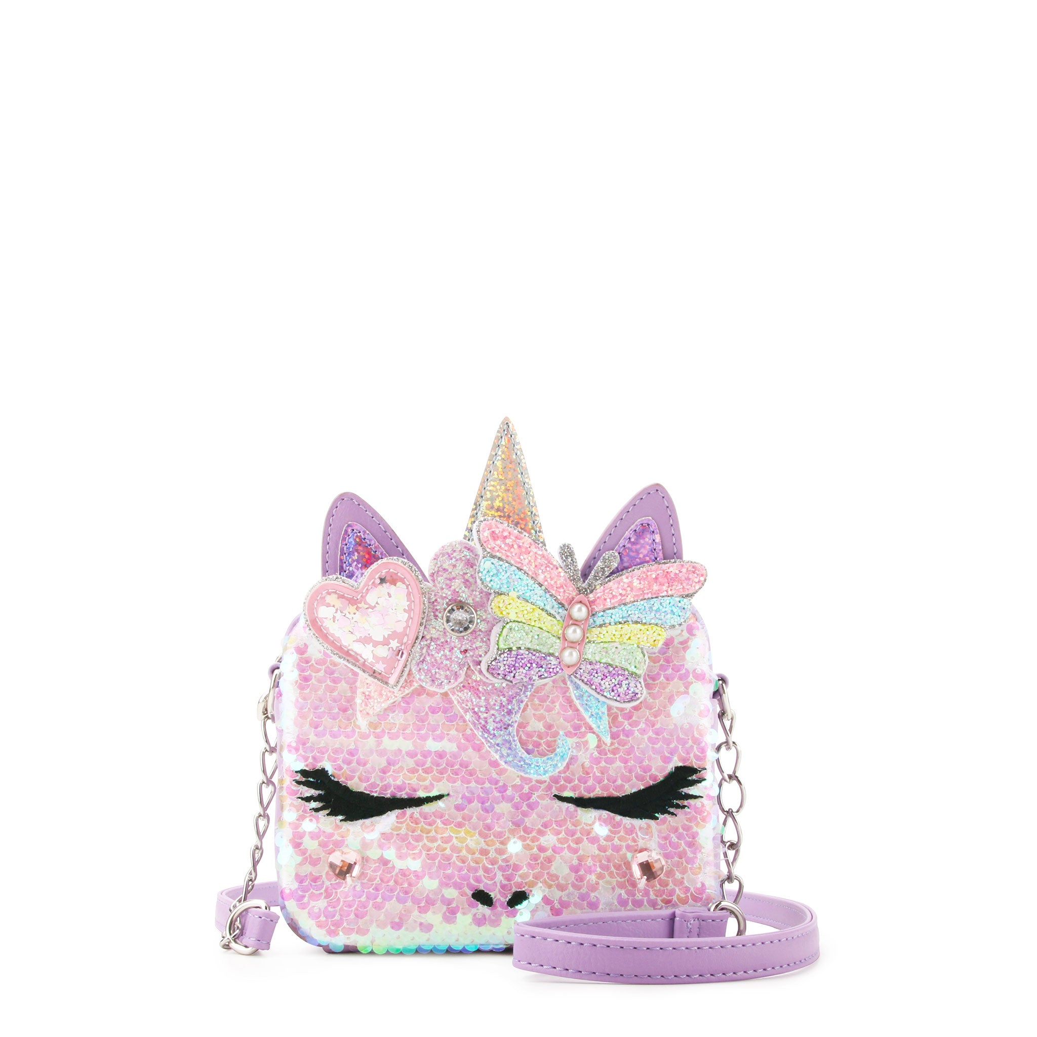 Front view of a sequin covered unicorn crossbody with a glitter butterfly crown