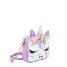 Side view of a sequin covered unicorn crossbody with a glitter butterfly crown