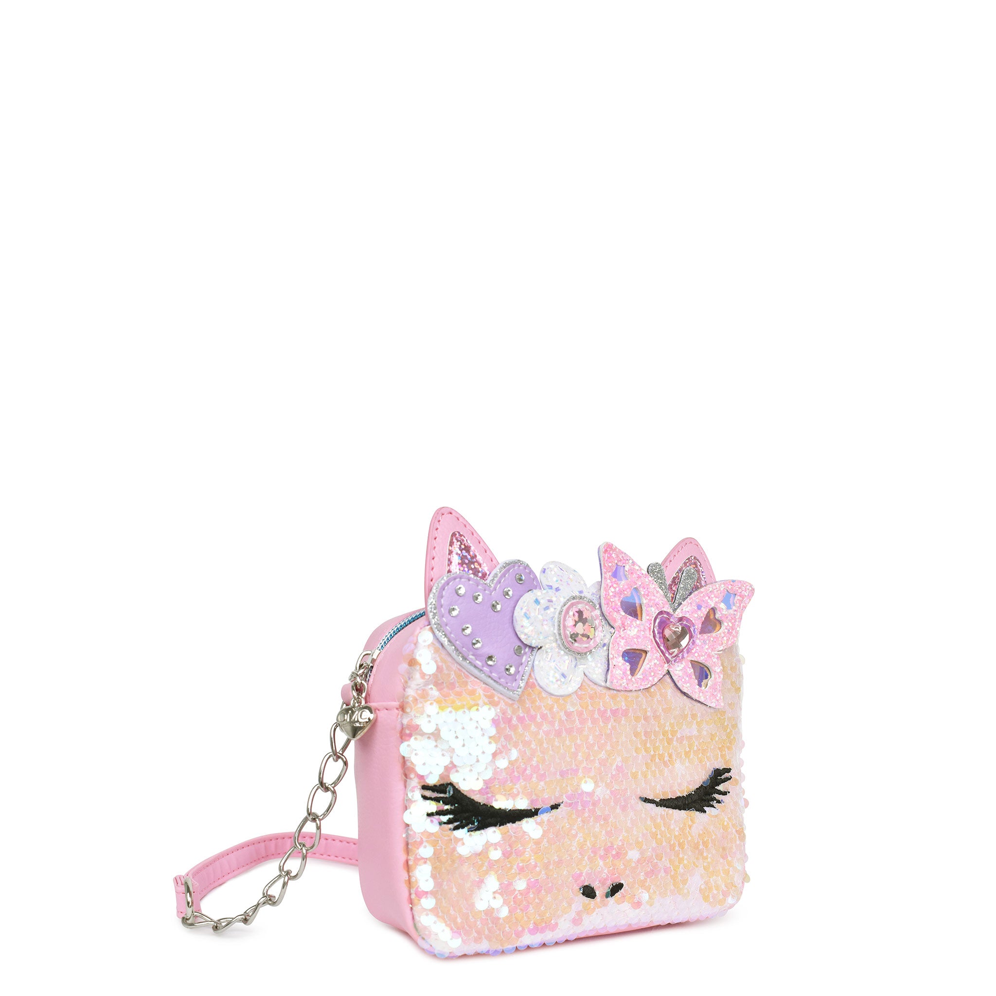 side view of a sequin covered unicorn face crossbody bag with glitter butterfly patches 
