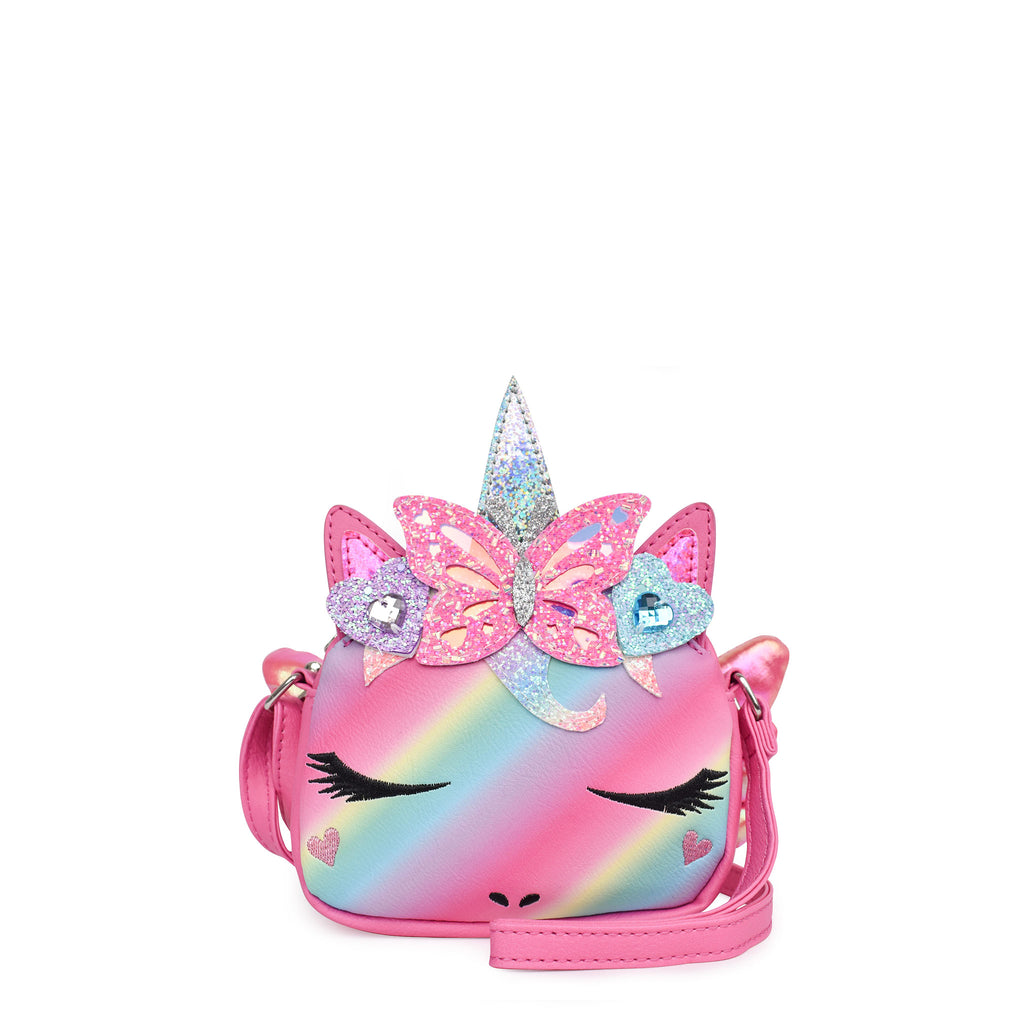 Front view of ombre unicorn crossbody with a glitter heart and butterfly crown and metallic puffer wings