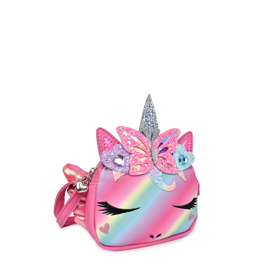 Side view of ombre unicorn crossbody with a glitter heart and butterfly crown and metallic puffer wings