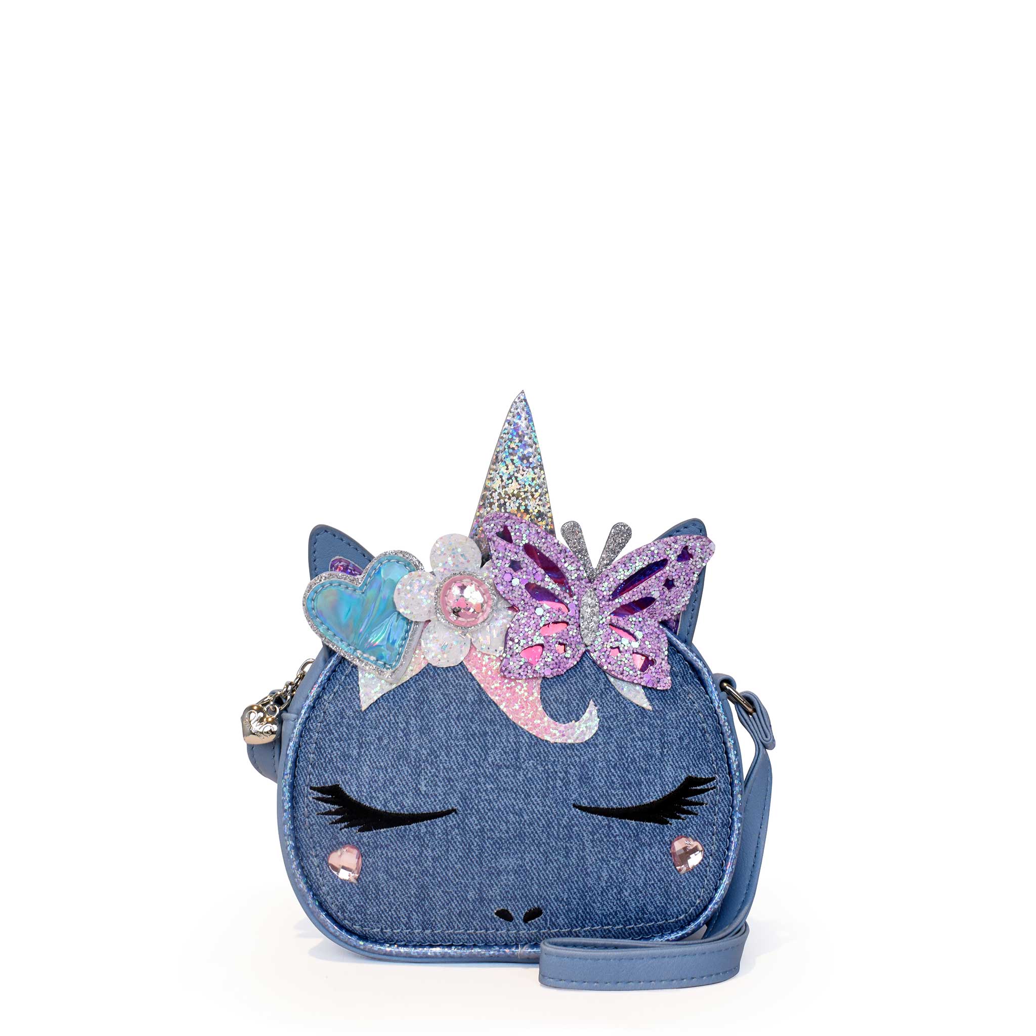 Front View of a Miss Gwen Unicorn Denim Round Crossbody with a appliqué heart, daisy, and butterfly crown