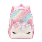 front facing view of a large glitter pastel ombre backpack with a unicorn front zipper pocket