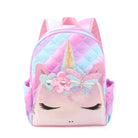 front facing view of a large ombre backpack with a unicorn character front zipper pocket