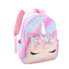 side view of a large ombre backpack with a unicorn character front zipper pocket