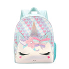 front facing view of a large light blue backpack with glitter hearts and a unicorn character front zipper pocket 
