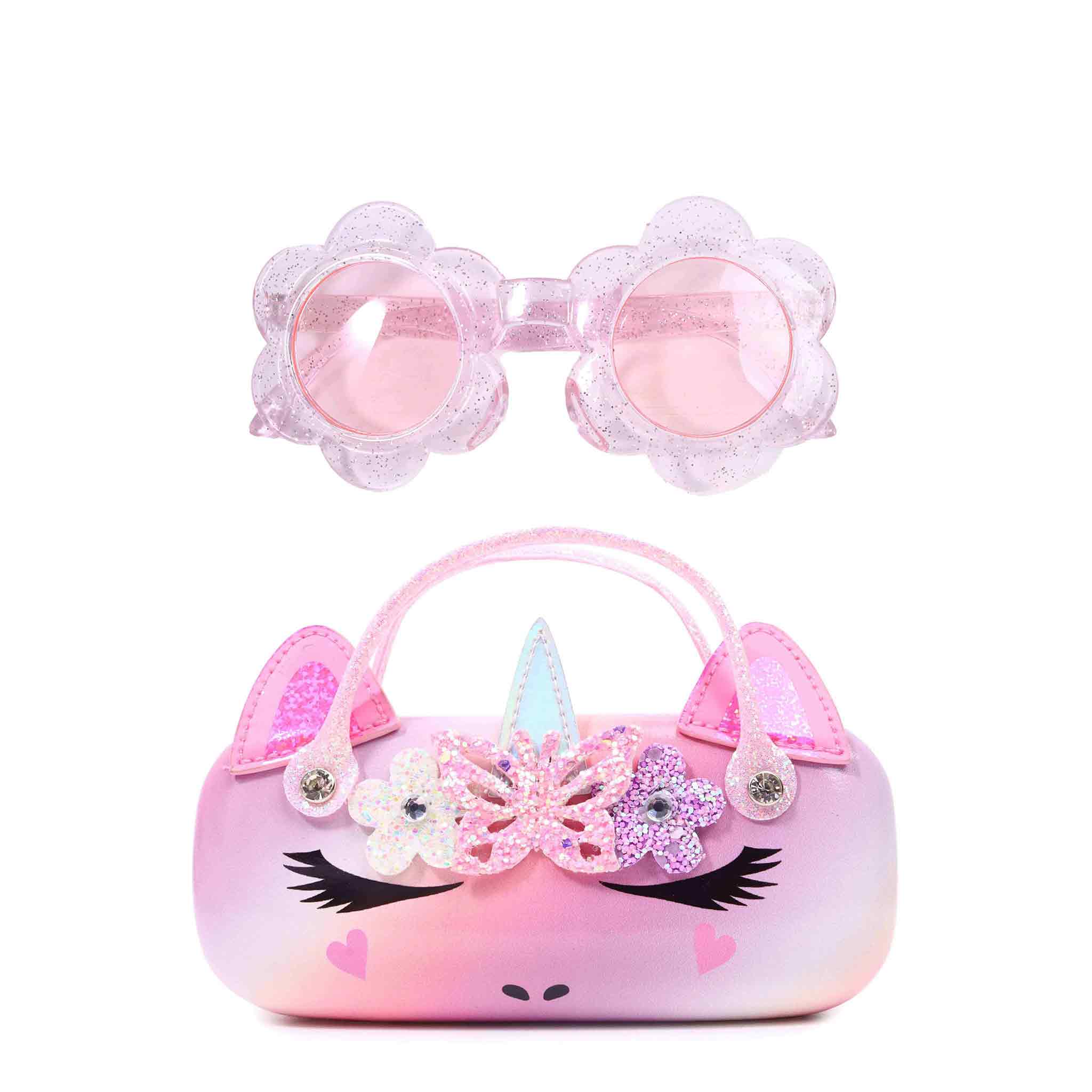 front view of an ombre, unicorn face sunglass case with glitter flower shaped sunglasses