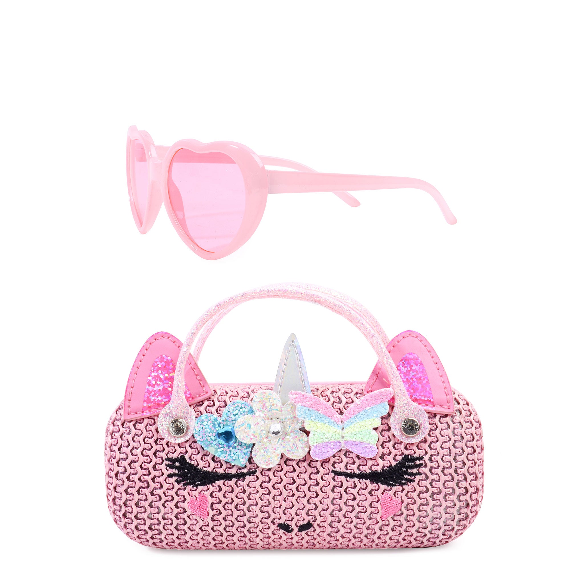 view of a pink tweed unicorn sunglass case with a glitter daisy & butterfly crown appliqué along with a pair of glitter heart shaped sunglasses 