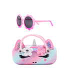 front view of a glitter unicorn face  sunglasses case with ombre flower shaped sunglasses