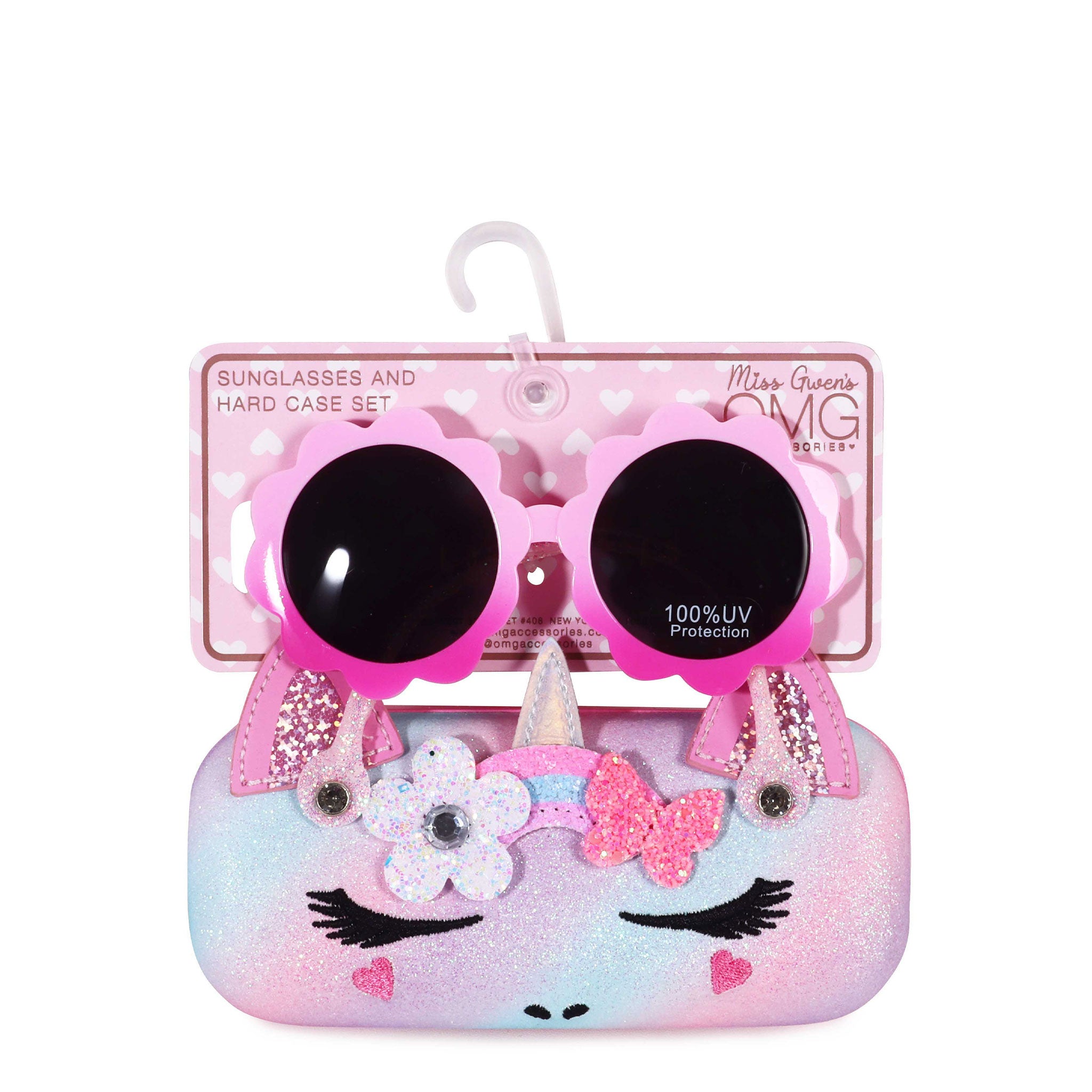 front view of a glitter unicorn face  sunglasses case with ombre flower shaped sunglasses in packaging