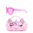 front view of a plush hearts, unicorn face  sunglass case with glitter heart shaped sunglasses.