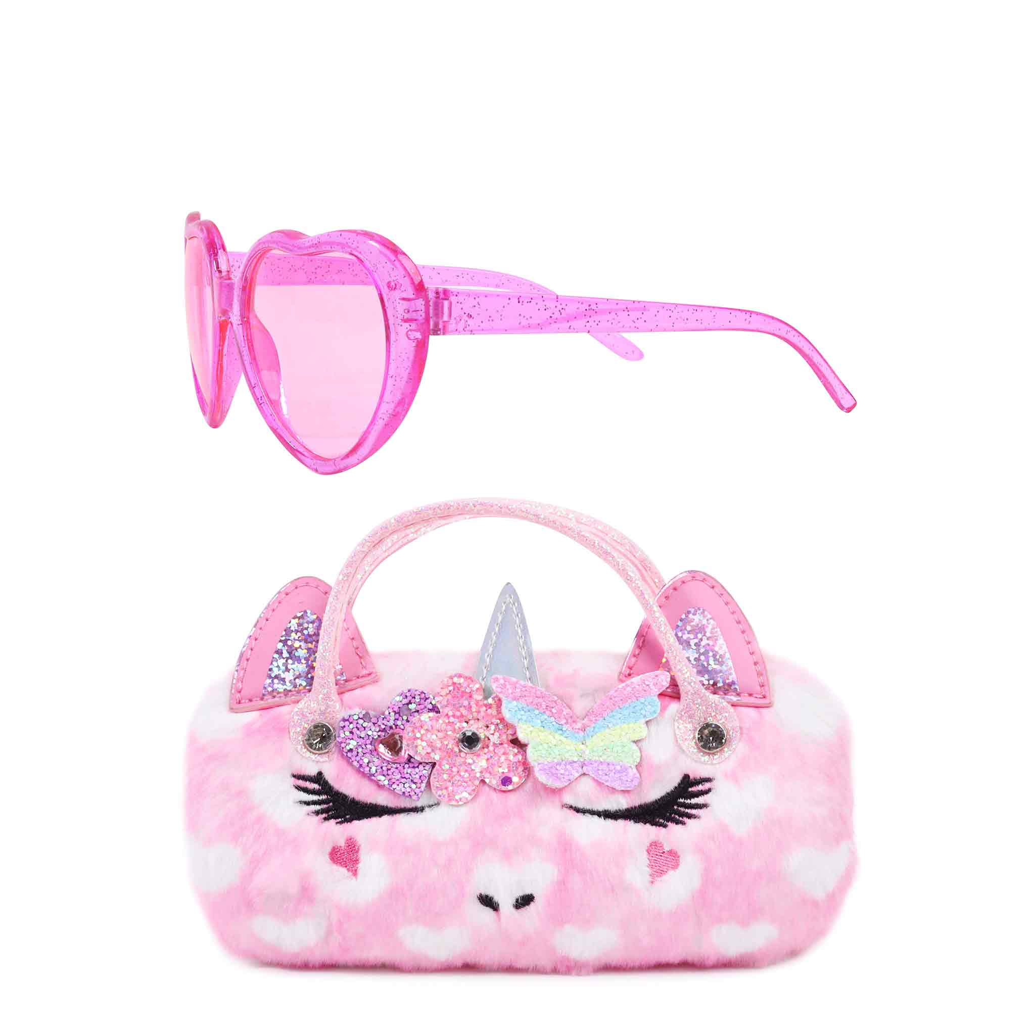 front view of a plush hearts, unicorn face  sunglass case with glitter heart shaped sunglasses.