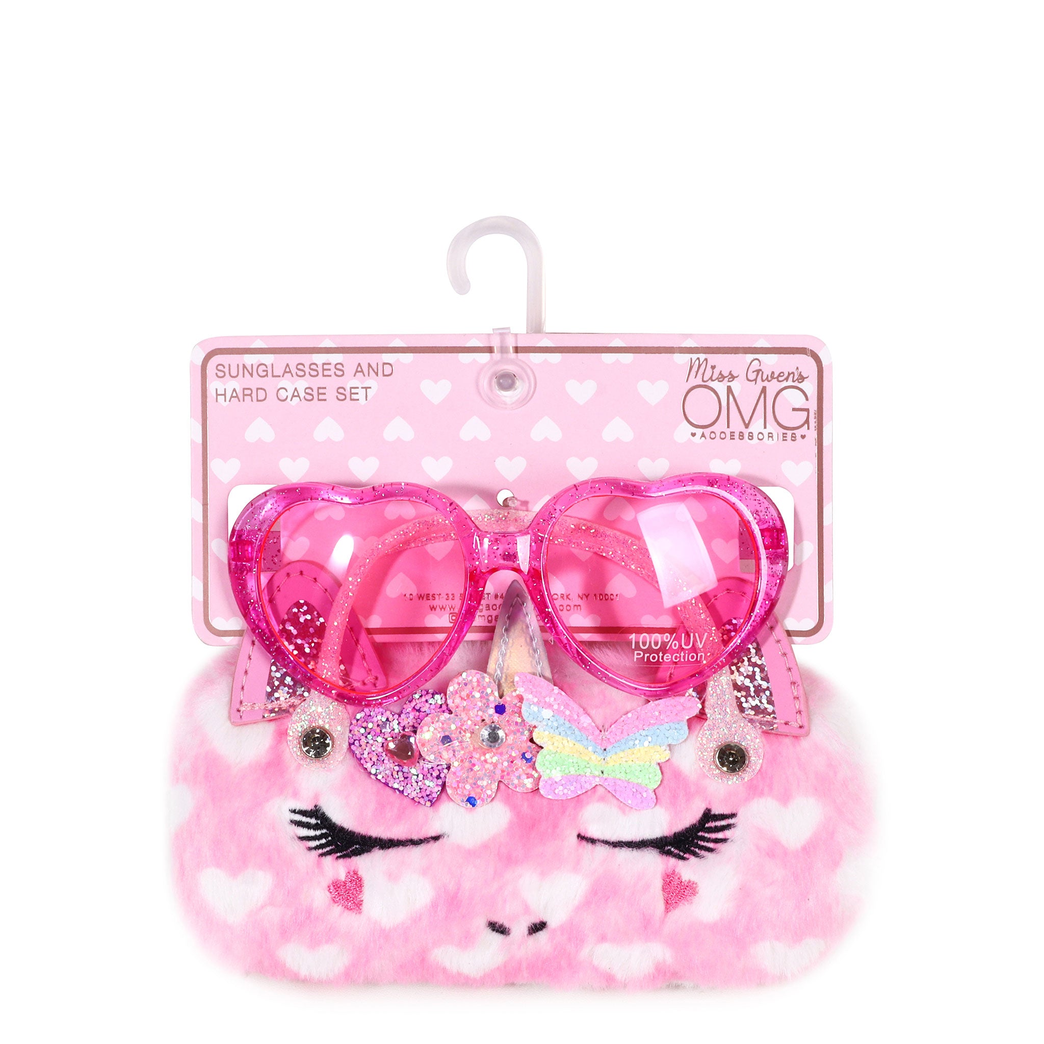 front view of a plush hearts, unicorn face  sunglass case with glitter heart shaped sunglasses in packaging